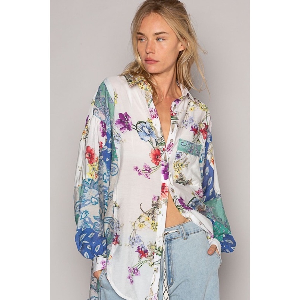 POL Ivory & Teal Blue Floral & Paisley Print Relaxed Fit Button Up Shirt - Picture 12 of 13